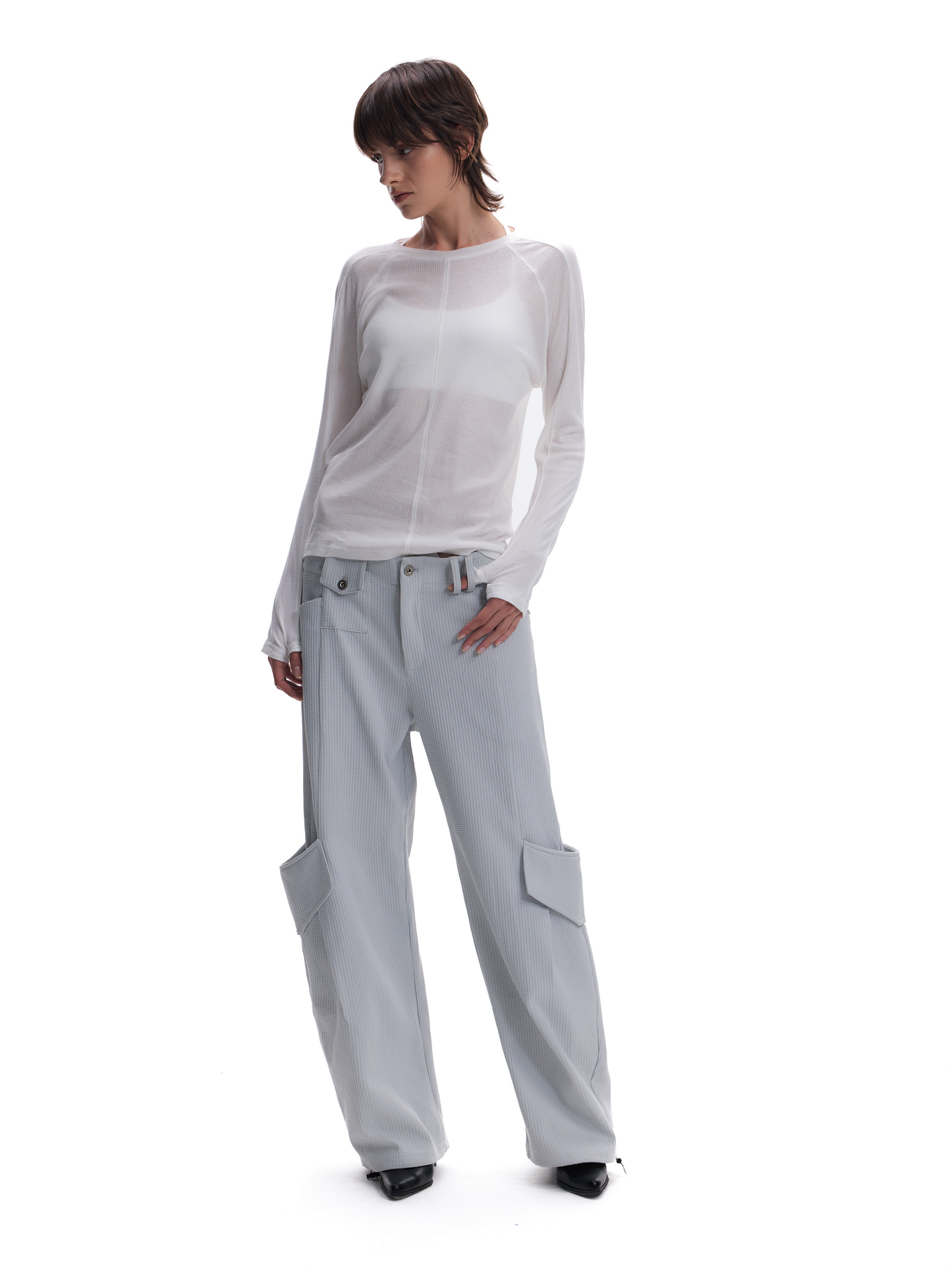 Waffle texture pocket pleated pants