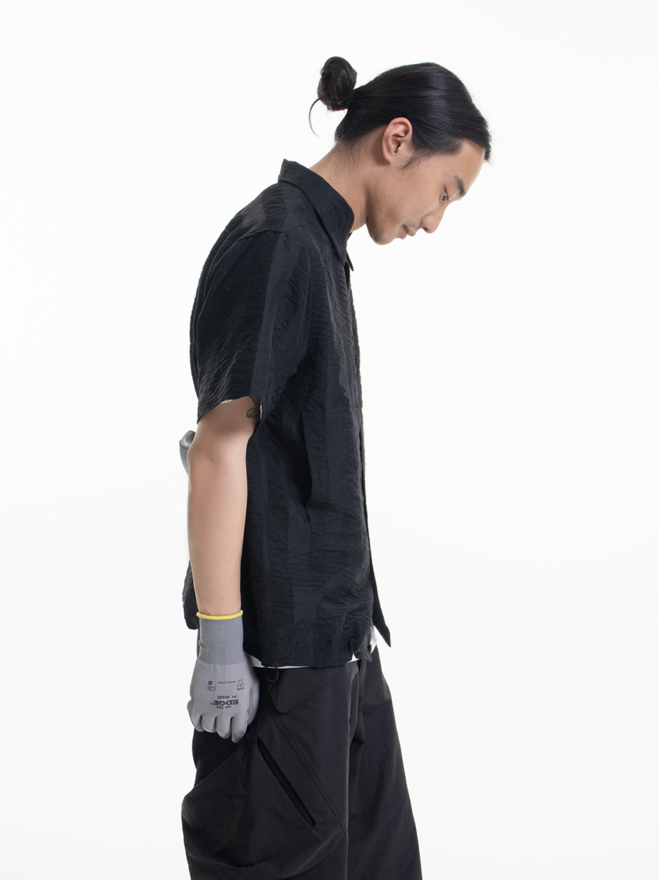 Dark Stripes Pleated Short Sleeve Shirt