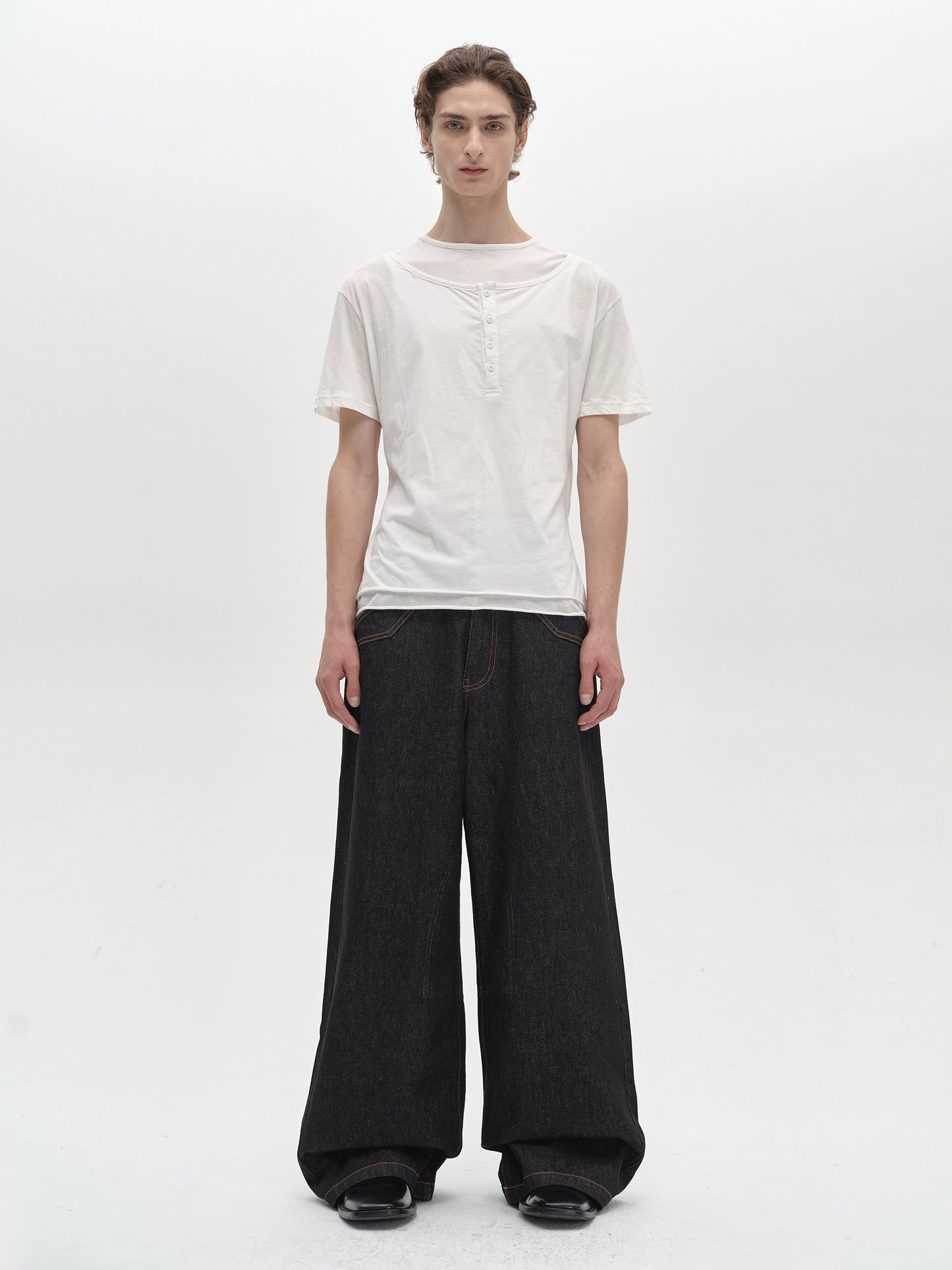 Layered Henley Collar short sleeve T-shirt