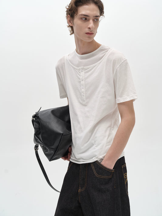 Layered Henley Collar short sleeve T-shirt