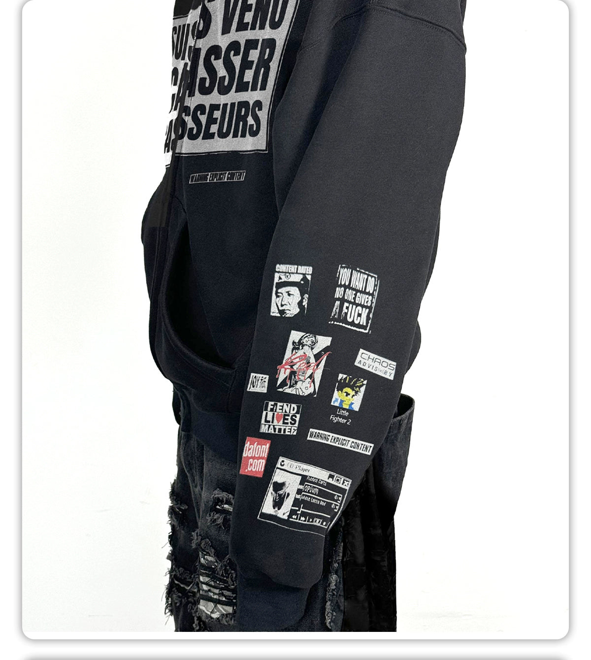 CSONLINEllc Sticker Distressed Print Fleece Heavy Zip Hoodie