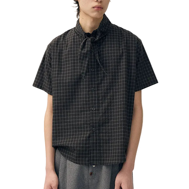 Plaid slouchy scarf-neck short-sleeved shirt
