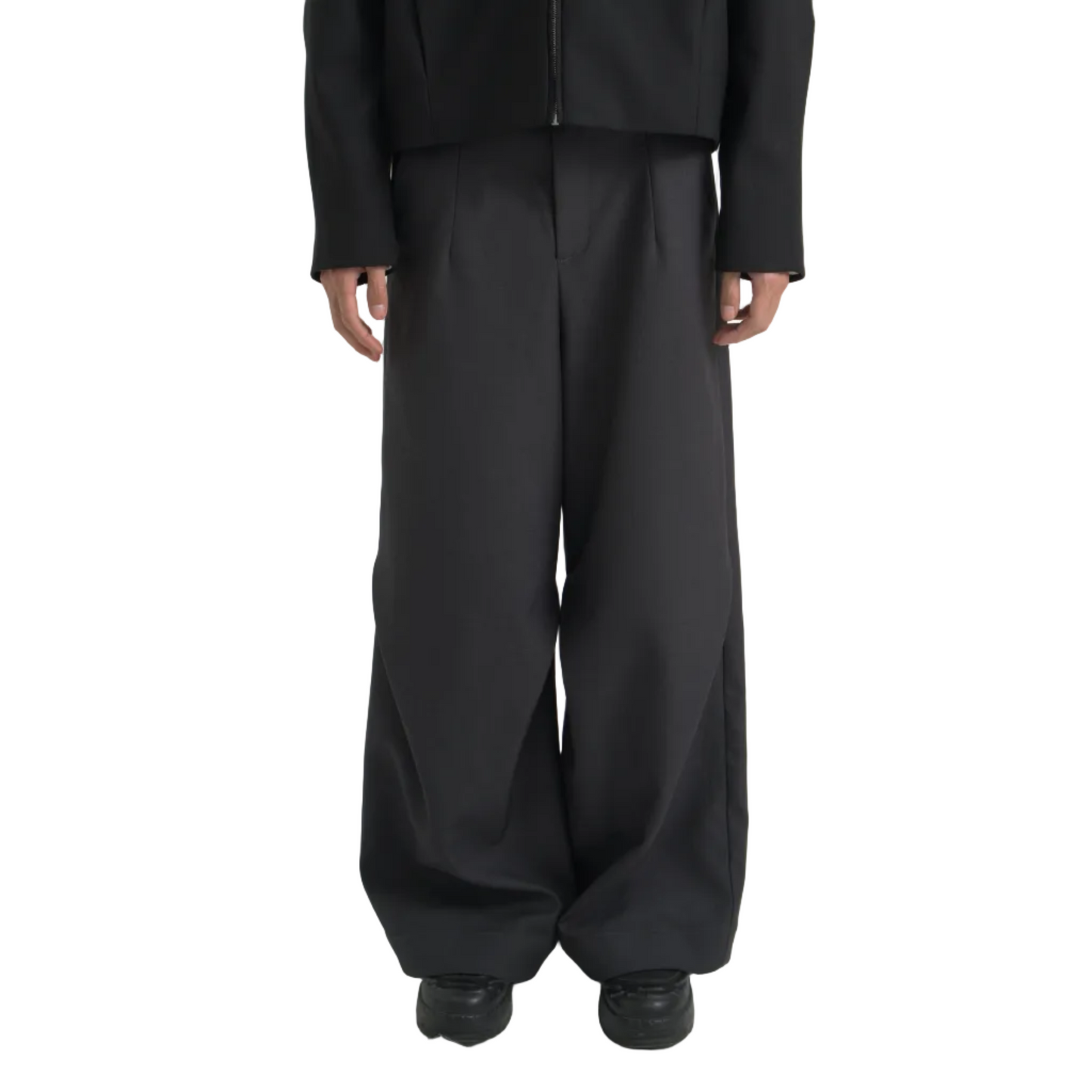 Diagonal pleats wide dark trouser