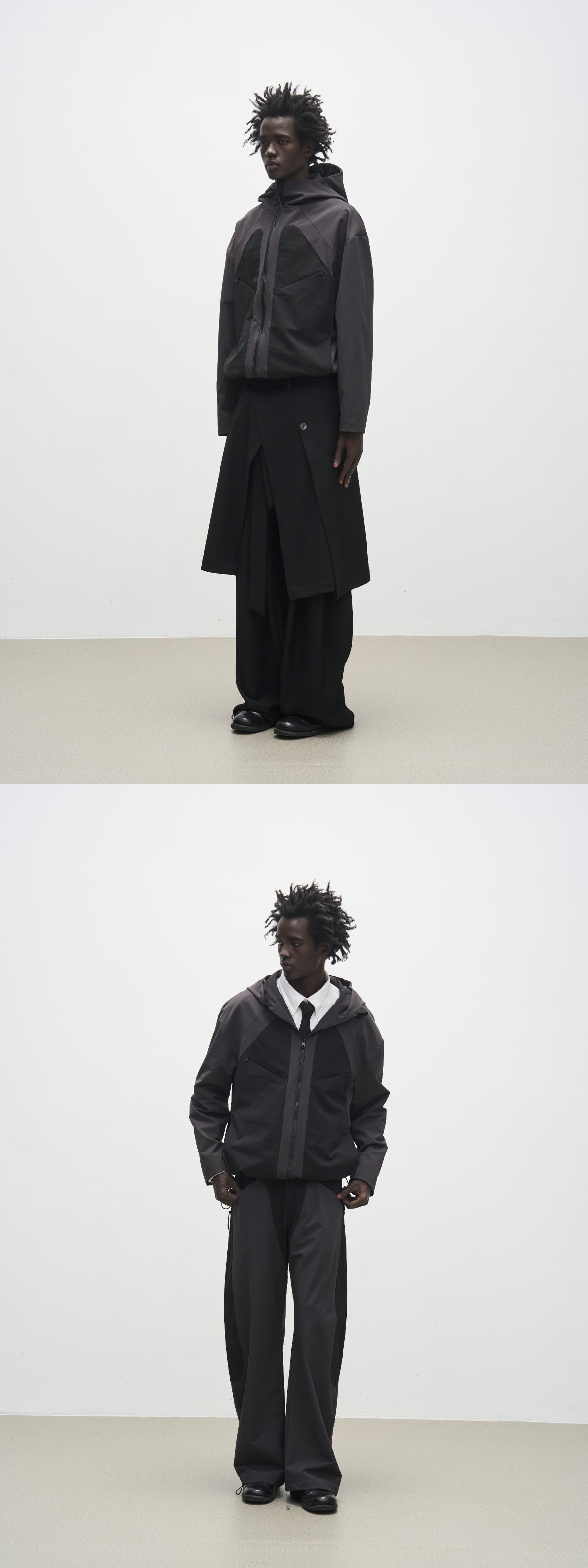 777 Organizing' two-tone patchwork softshell hooded jacket