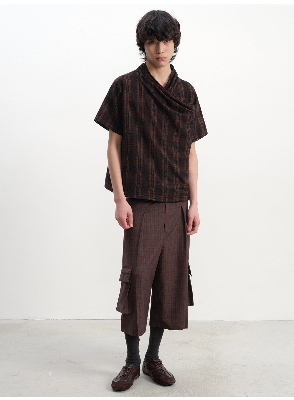 Pleated cross-neck plaid short sleeve t-shirts