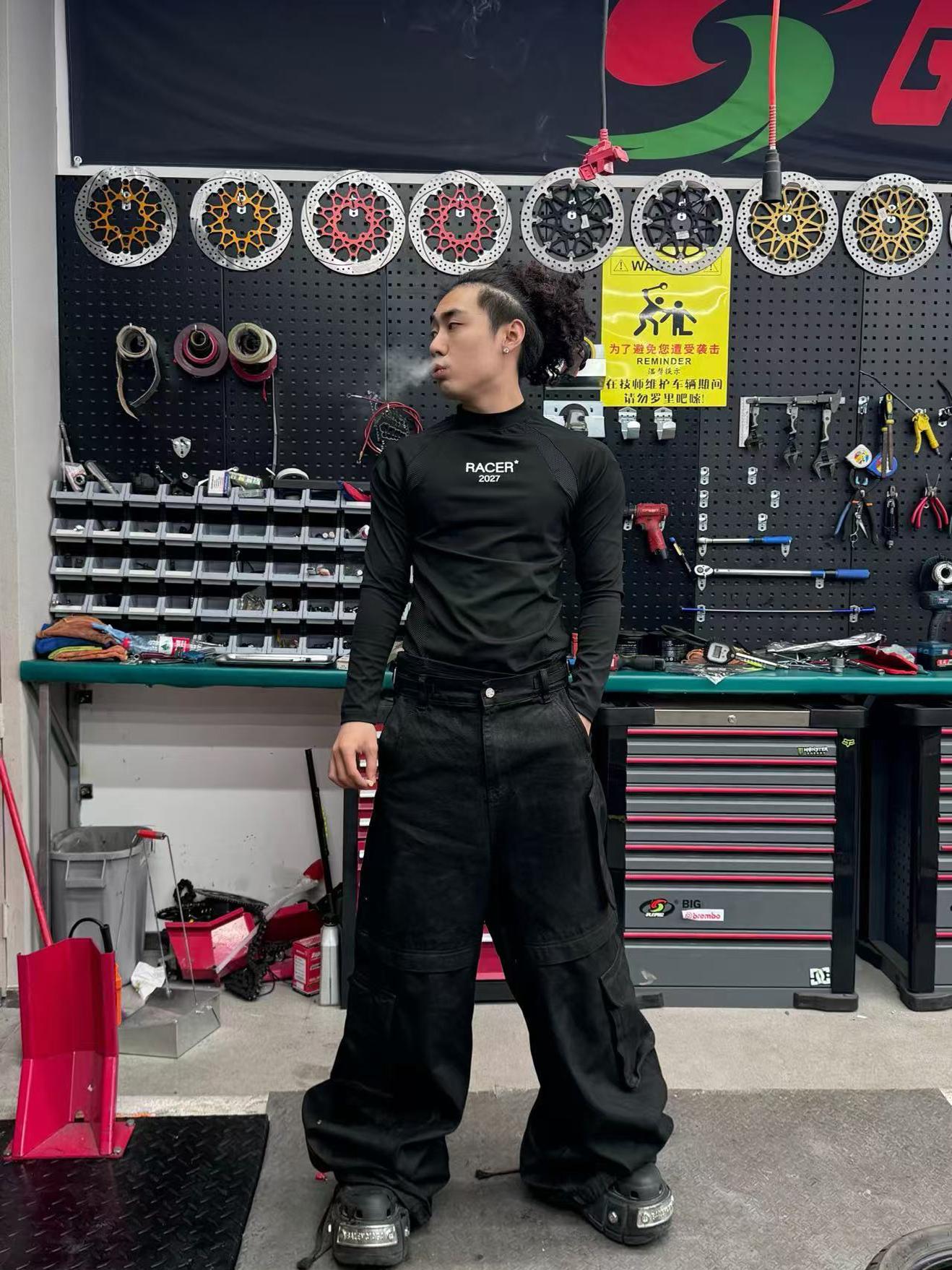 BLACK SHARKSKIN FUNCTIONAL MOTORSPORTS TIGHTS LONG SLEEVE T-SHIRTS