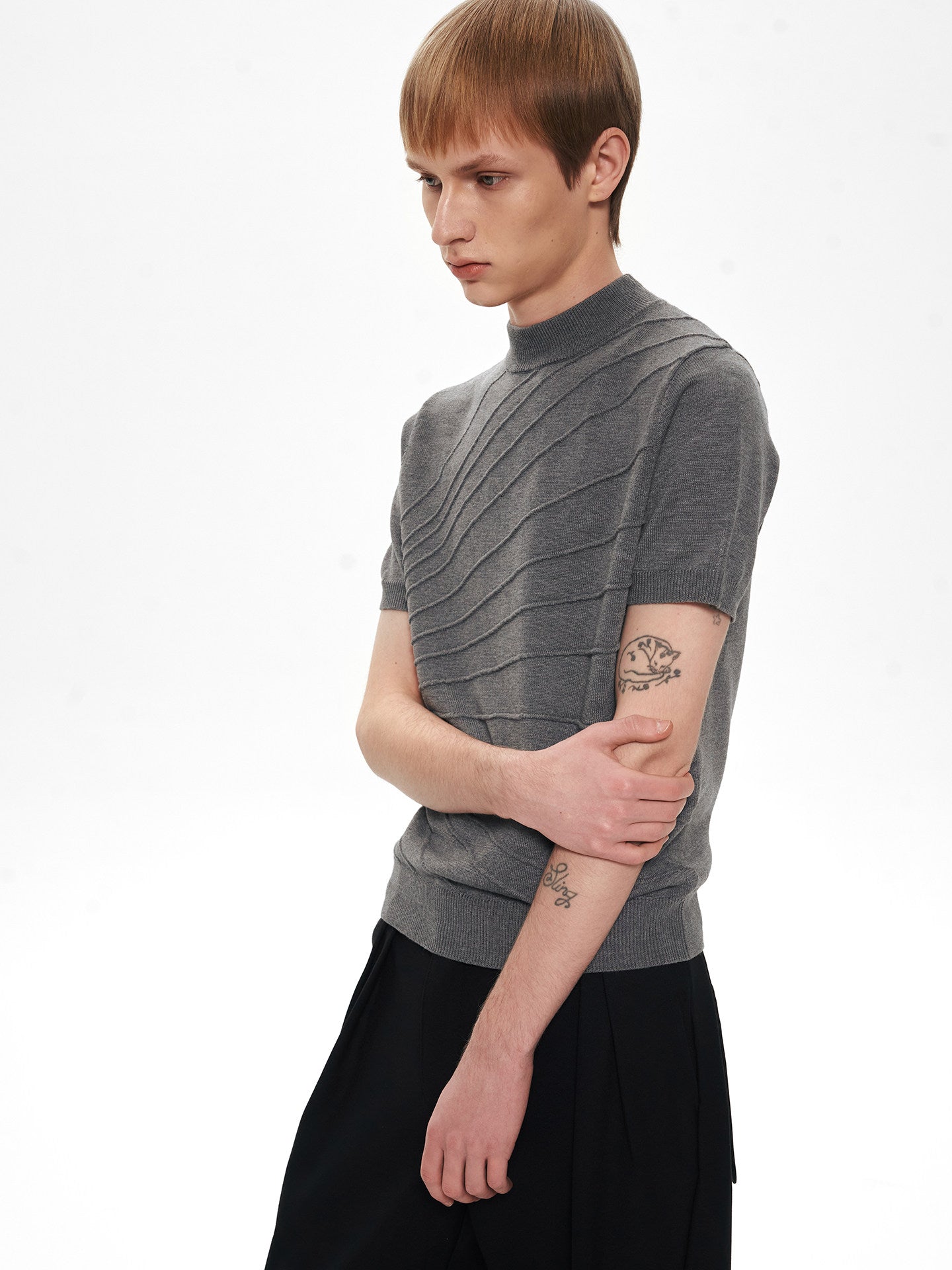 Sculptural Jacquard Mid Neck Short Sleeve Sweater